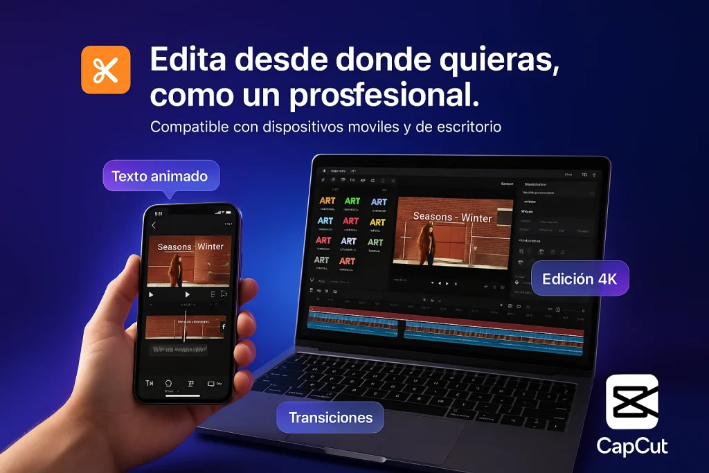 Vista promocional del editor de video CapCut mostrándose en un teléfono móvil y una laptop, destacando la interfaz moderna con herramientas de texto, pistas de audio y efectos visuales. La imagen representa la edición multiplataforma y accesible desde cualquier lugar.