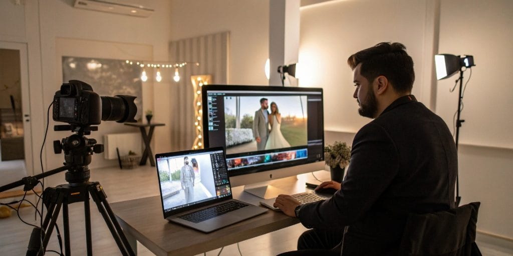Photographer editing wedding footage on dual screens