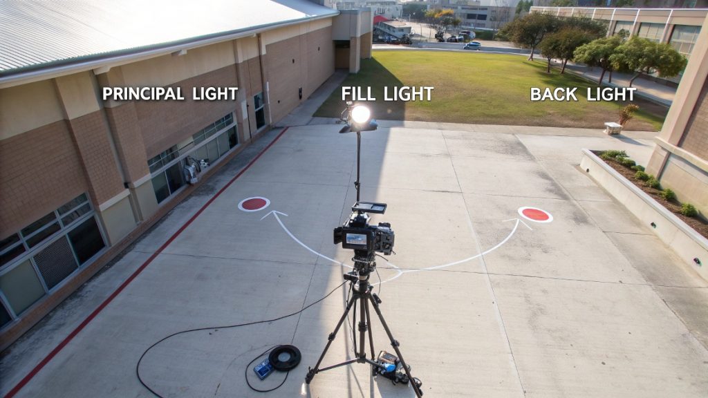 Diagrama explicando la configuración de iluminación de tres puntos (luz principal, relleno, trasera) para vídeo.