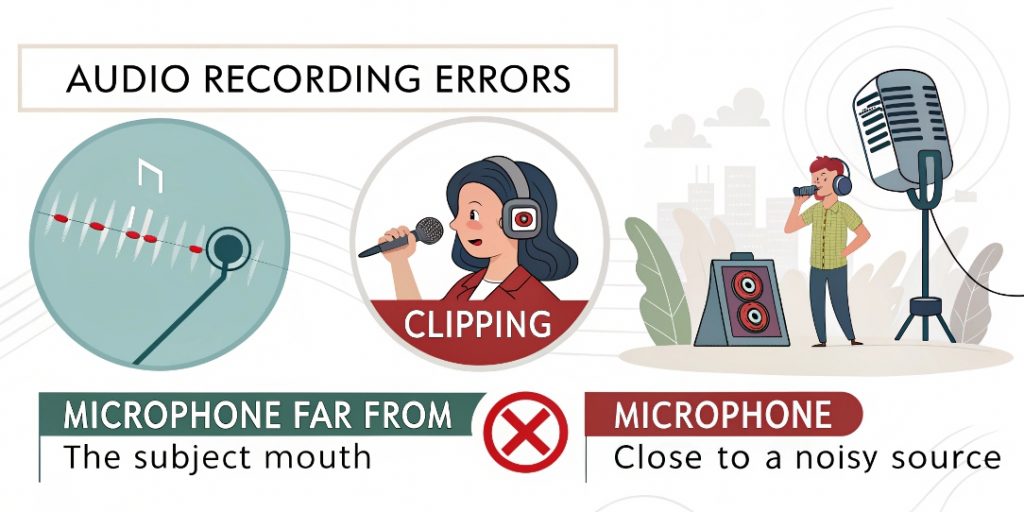 Errores comunes al grabar audio para vídeo y cómo evitarlos.