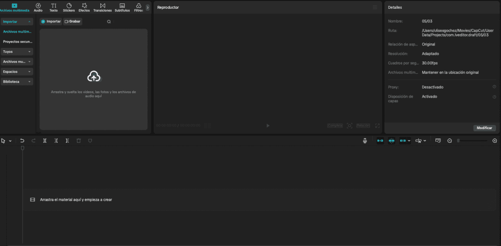 Interfaz de usuario de CapCut para escritorio, mostrando su diseño simple.