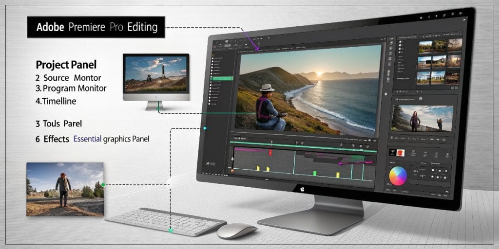 Principales paneles de la interfaz de Adobe Premiere Pro explicados.