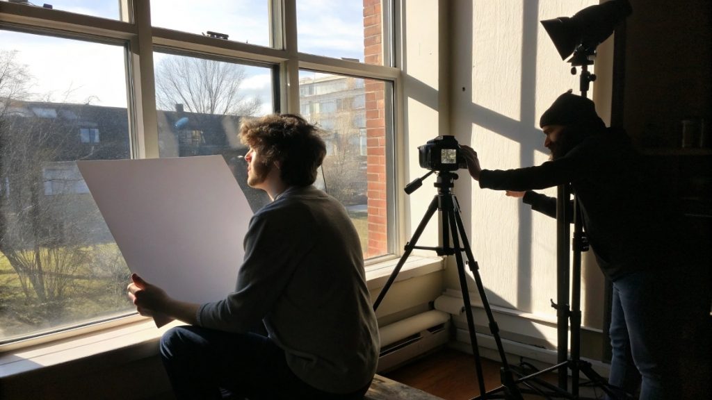 ALT Text (ES): Usando luz natural de ventana y un reflector casero para iluminar un vídeo.
Description (ES): Ejemplo práctico de cómo aprovechar la luz de una ventana como luz principal y una cartulina blanca como reflector para suavizar sombras en una producción de vídeo de bajo presupuesto.