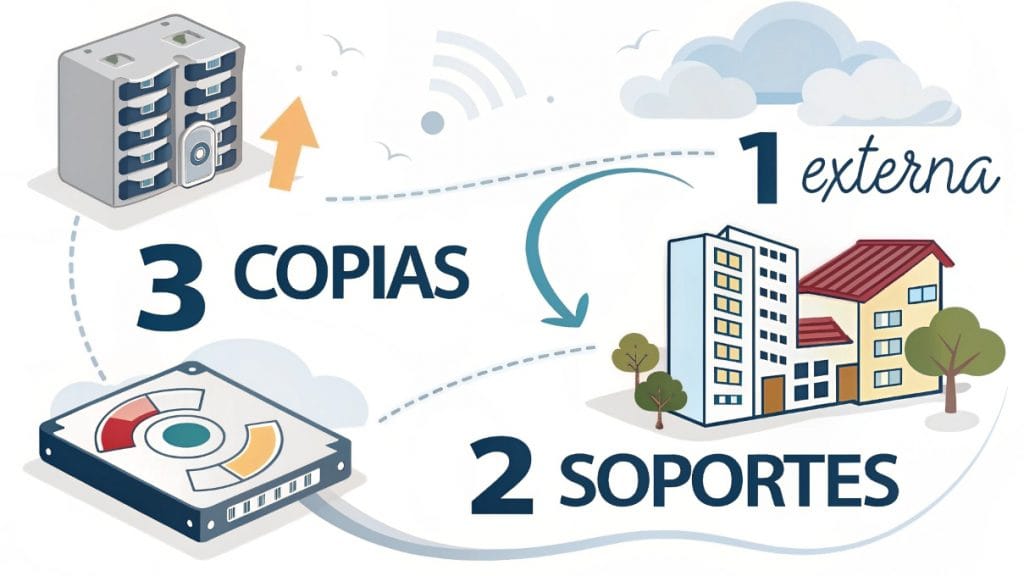Explicación de la regla de backup 3-2-1 para seguridad de datos.