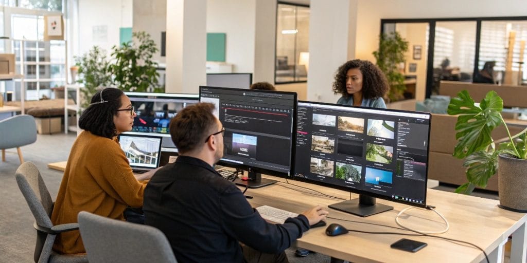Remote video editing team collaborating online