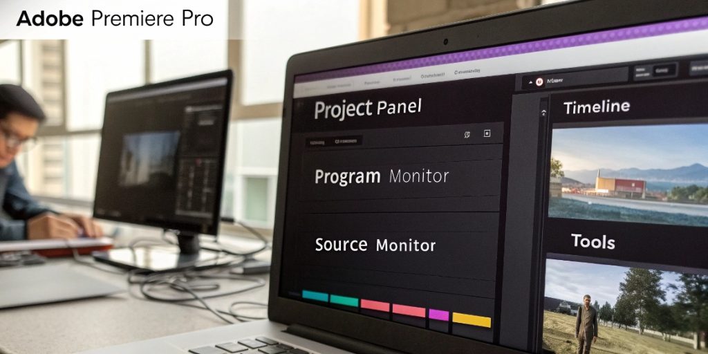 Main Adobe Premiere Pro interface with key panels highlighted