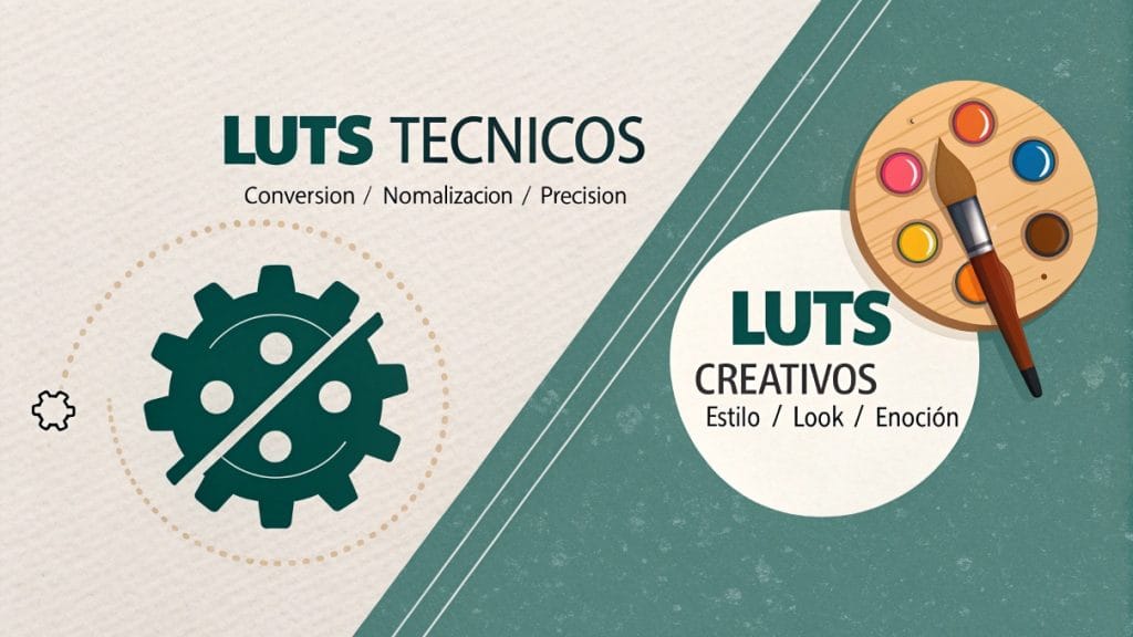 Diferencia entre LUTs técnicos (de conversión) y LUTs creativos (de estilo).