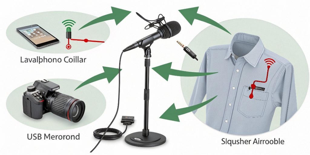 Tipos de micrófonos recomendados para grabar audio limpio en vídeo (lavalier, USB, shotgun).