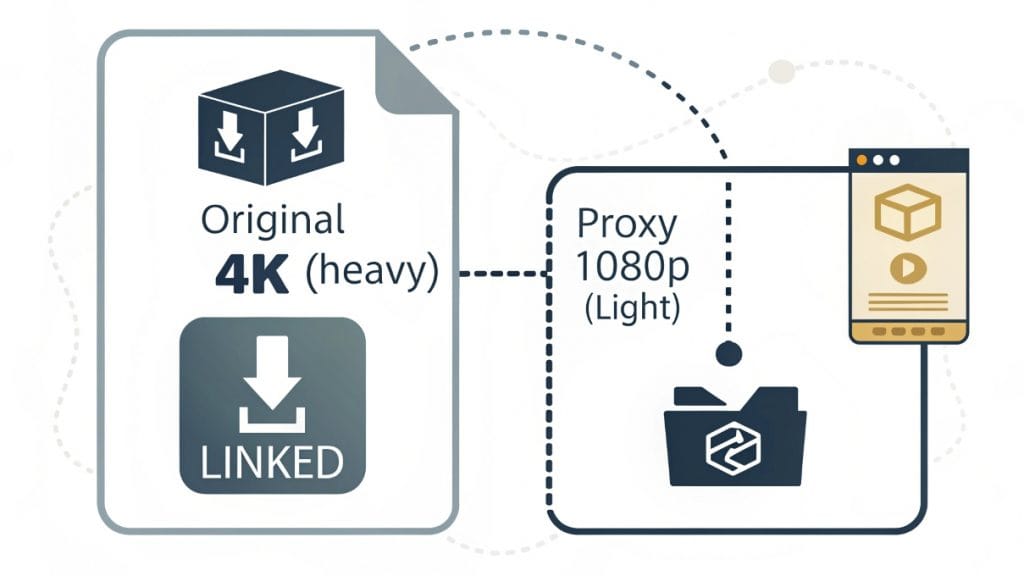 Editar Vídeo SIN LENTITUD: Usa el Poder de los Proxies 2 un diagrama simple mostrando dos iconos de archivo