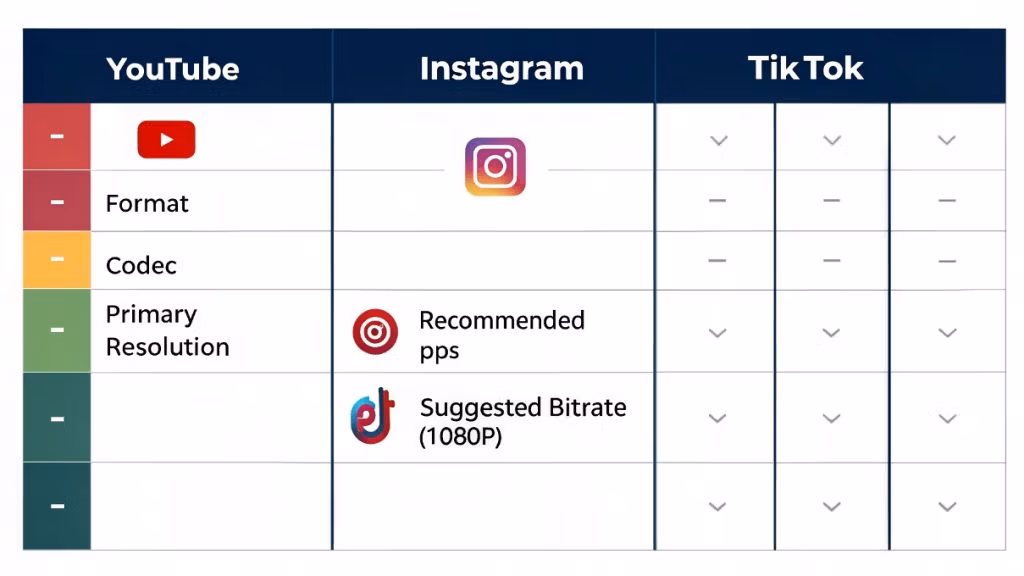 Exportar Vídeo: Ajustes Óptimos (YouTube, IG, TikTok) 3 una tabla comparativa visualmente atractiva con 3