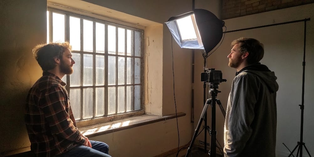Using natural window light and a DIY reflector to light a low-budget video scene.