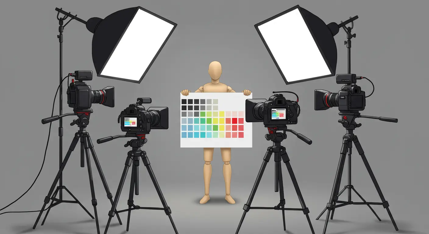 Cómo Igualar el Color de Diferentes Cámaras (Shot Matching) 3 Setup multicámara profesional con carta de color para referencia de shot matching