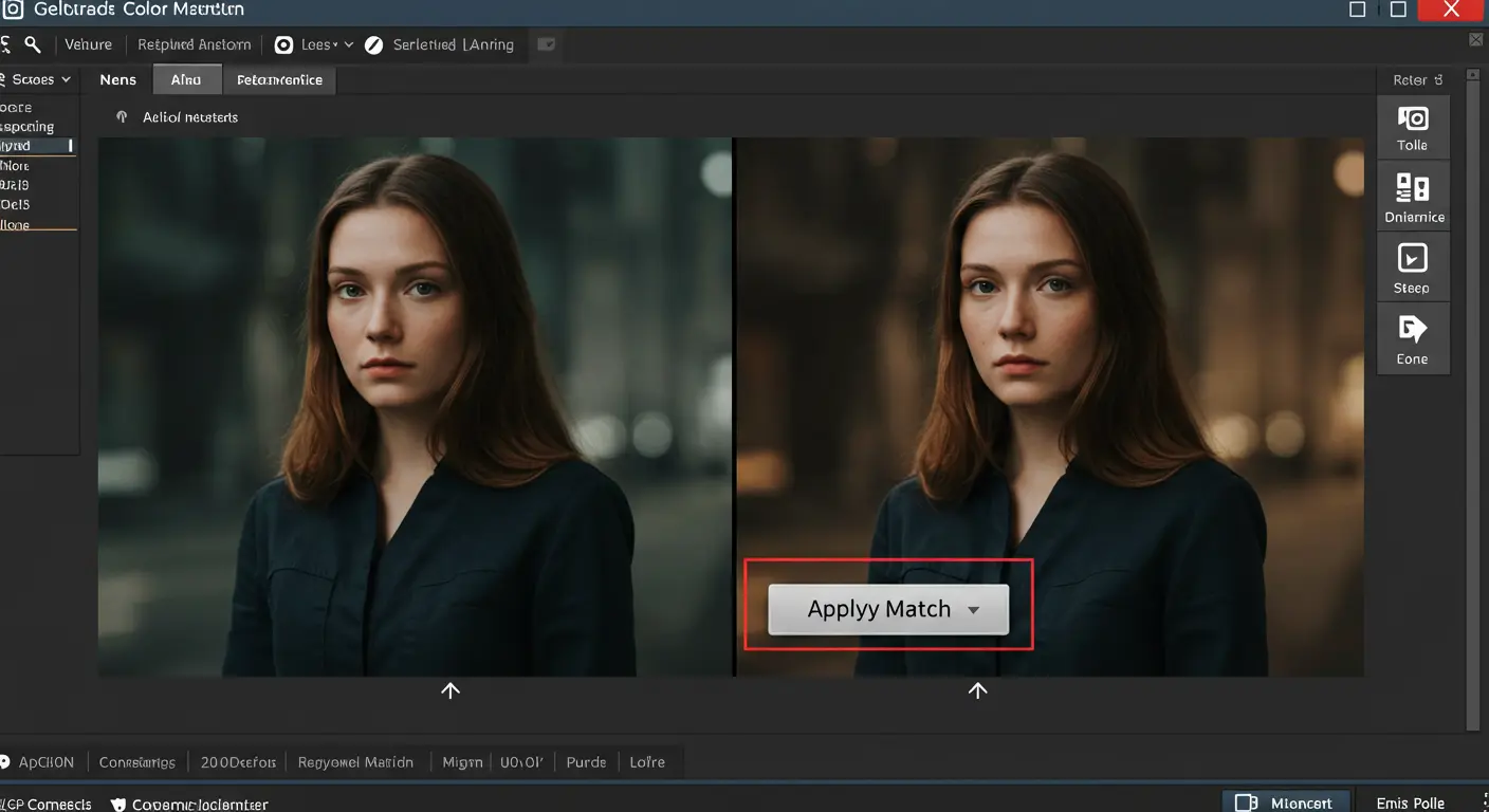 Cómo Igualar el Color de Diferentes Cámaras (Shot Matching) 4 Interfaz de herramienta automática de color match mostrando comparación lado a lado de clips