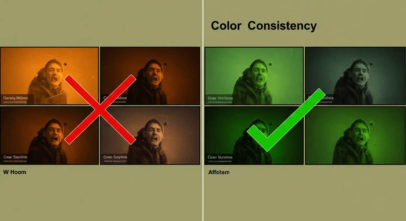 Cómo Igualar el Color de Diferentes Cámaras (Shot Matching) 2 Comparación visual de diferentes colores de cámaras antes y después del shot matching profesional